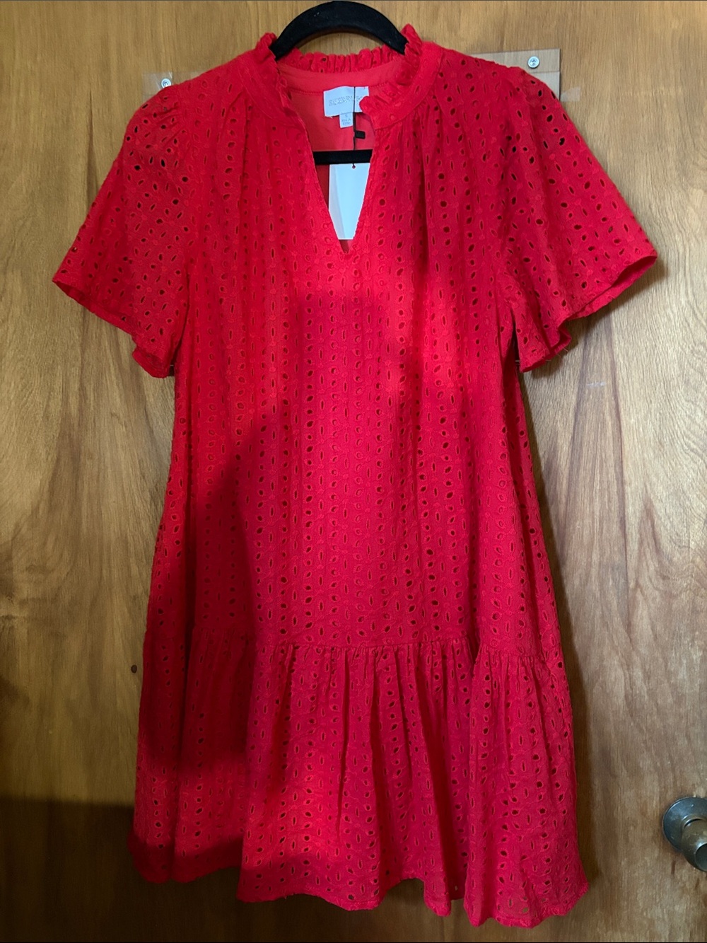 Sugarlips Azari Red Cotton Eyelet Ruffle Mini Shift Dress